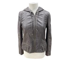 Hinge Brown Leather Jacket Hoodie Size Medium Zipper Pockets -Classy Comfort
